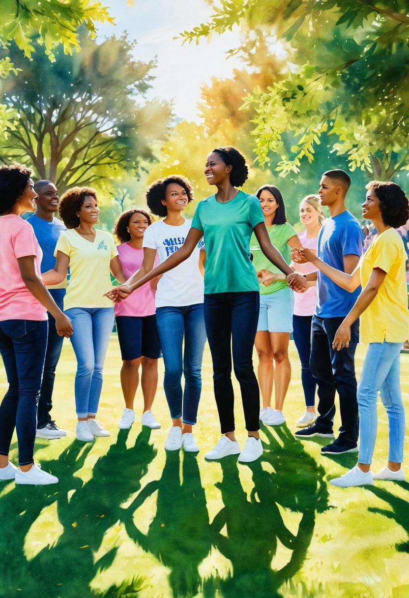 A powerful scene showcasing a diverse group of people united, holding hands in a circle on a sunlit park lawn, with vibrant banners advocating health and wellness against cancer. In the foreground, a young woman passionately speaking with an inspirational poster behind her. The atmosphere is filled with hope, determination, and camaraderie, featuring bright flowers and radiant sunshine. watercolor painting. vibrant colors. soft focus.