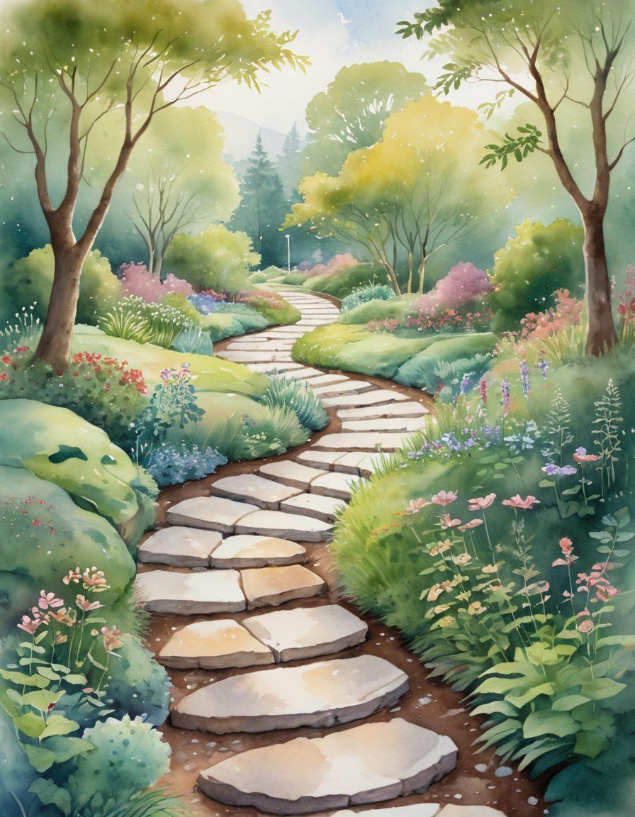 A serene landscape symbolizing hope, featuring a winding path leading through lush greenery, with stepping stones labeled with various cancer treatments and support options. Along the path, diverse figures of individuals in different life stages are interacting, symbolizing community and support. Soft, ethereal lighting highlighting the path signifies new beginnings and innovation. watercolor painting. warm and inviting colors.